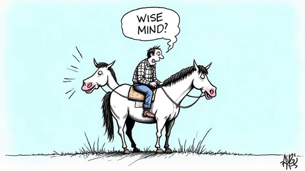 A man on a horse that has a head at both ends looking confused
