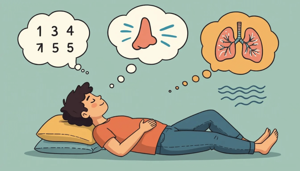 Person laying down breathing rhythmically while thinking about numbers, their nose and their lungs